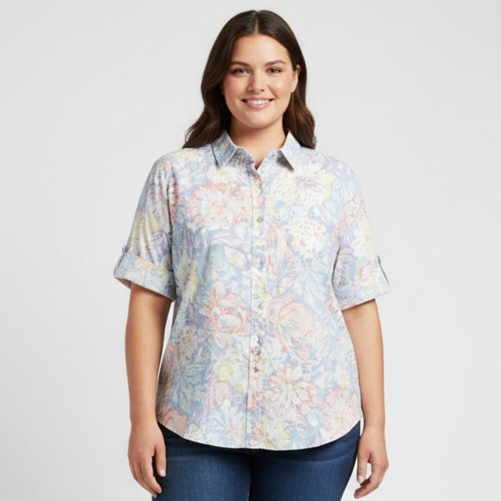 Vintage ACT III Colorful Floral Print Short Sleeve Top Womens Plus Size 14 Multi